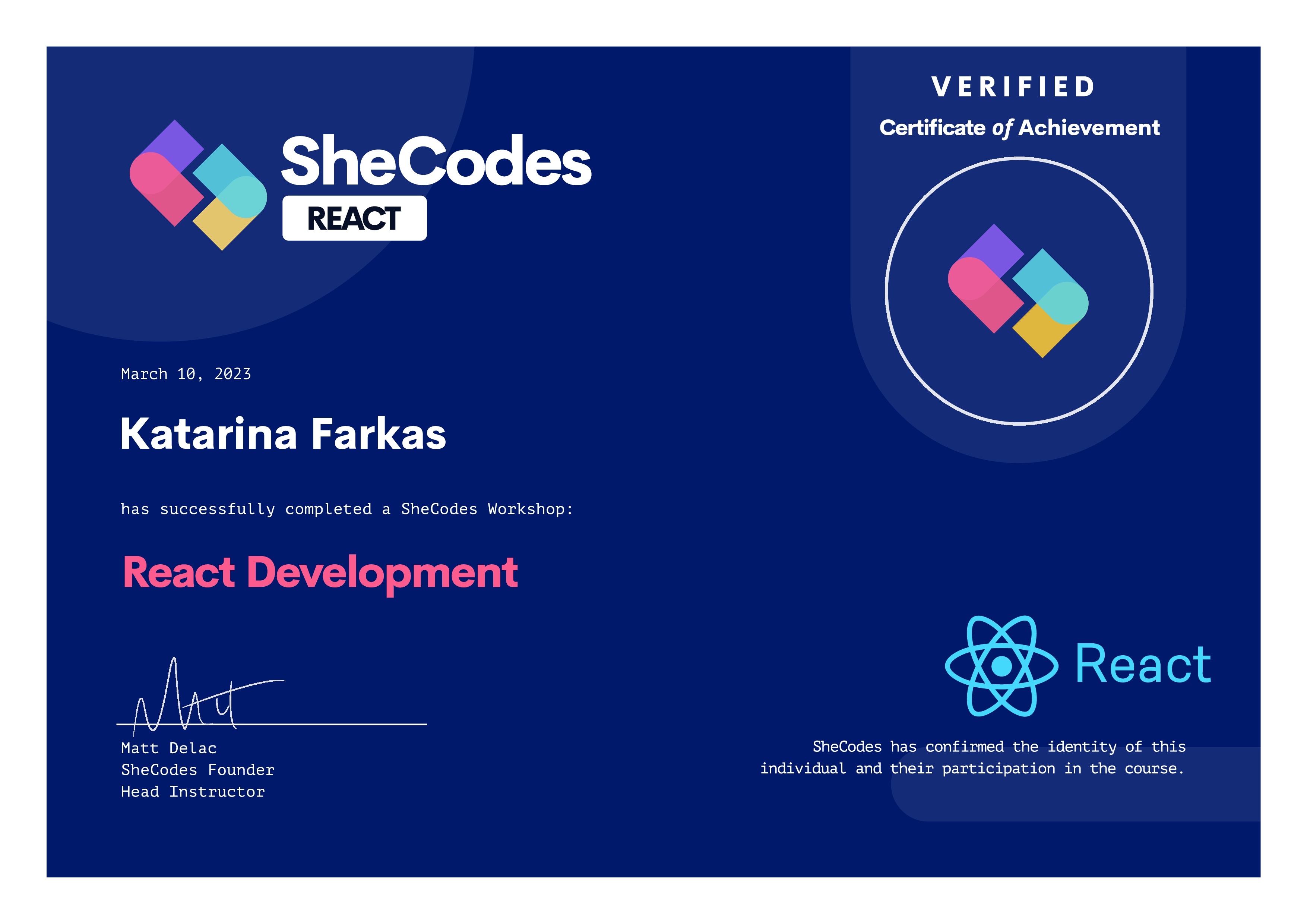 SheCodes REACT Development certificate